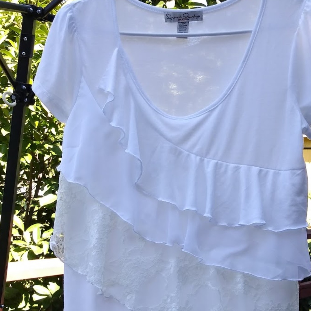 French Laundry Ruffled Sheer Tee Size MP - Picture 3 of 5